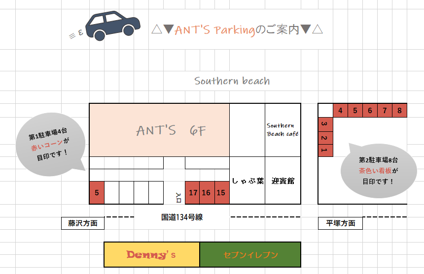 国道134号線から直接入れる、デニーズさんの向いに第１駐車場がございます。そちらの赤いコーンが立っている場所に４台停められます。もし第１駐車場が満車の場合は、海の方面に下っていただき、サザンビーチカフェさんの隣の砂利の第2駐車場（８台分）をご利用ください。茶色い看板が立っているのでそちらに番号に沿ってご駐車ください。※第１駐車場は赤いコーンが立っている場所以外に停められますとご料金が発生しますのご注意下さい。※地下駐車ではなく屋外でございます。